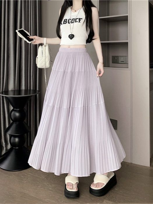 Pleated Maxi Skirt with Elastic Waist