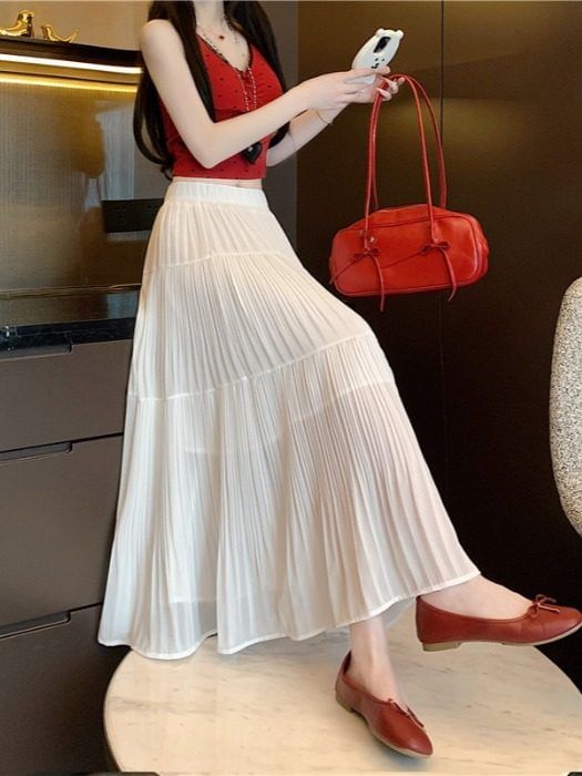 Pleated Maxi Skirt with Elastic Waist