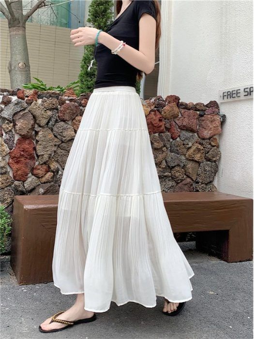 Pleated Maxi Skirt with Elastic Waist