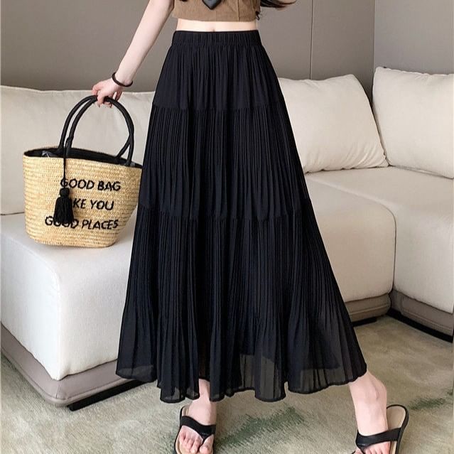 Pleated Maxi Skirt with Elastic Waist