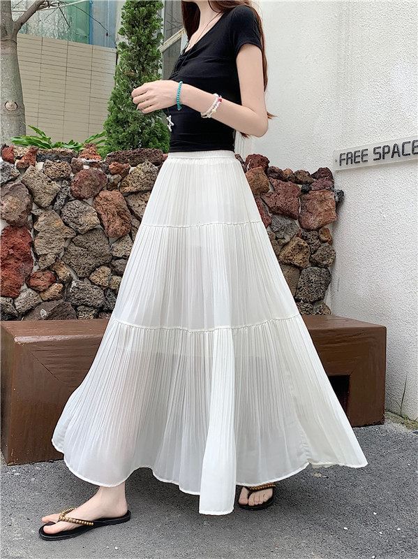 Pleated Maxi Skirt with Elastic Waist
