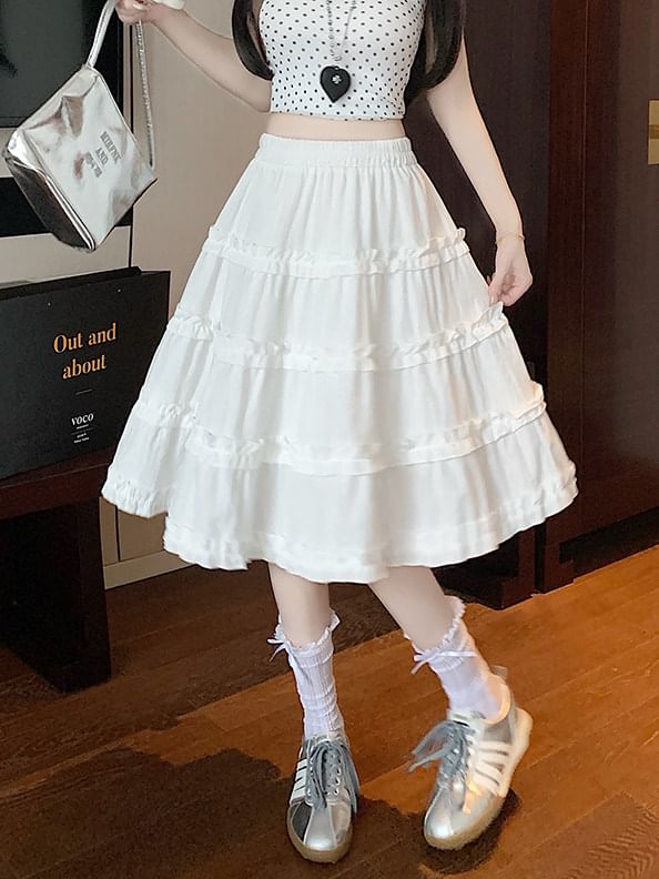 High-Waist Ruffle Trim A-Line Skirt