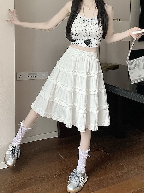 High-Waist Ruffle Trim A-Line Skirt