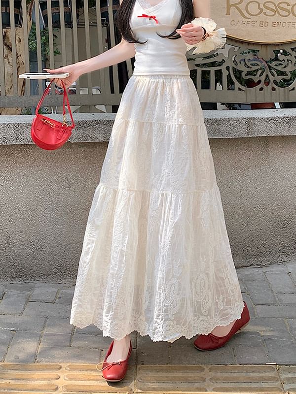 Lace Trim Maxi A-Line Skirt with Mid Rise
