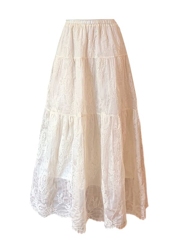 Lace Trim Maxi A-Line Skirt with Mid Rise
