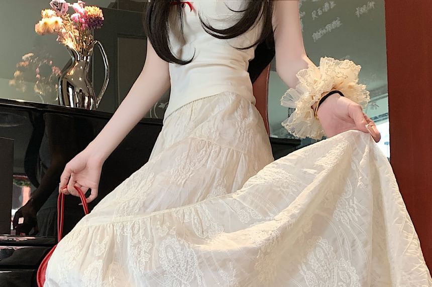 Lace Trim Maxi A-Line Skirt with Mid Rise