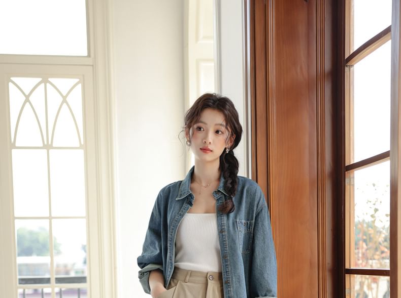 Washed Denim Shirt with Chest Pockets - Long Sleeve