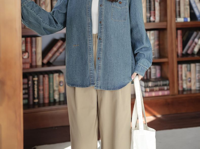 Washed Denim Shirt with Chest Pockets - Long Sleeve