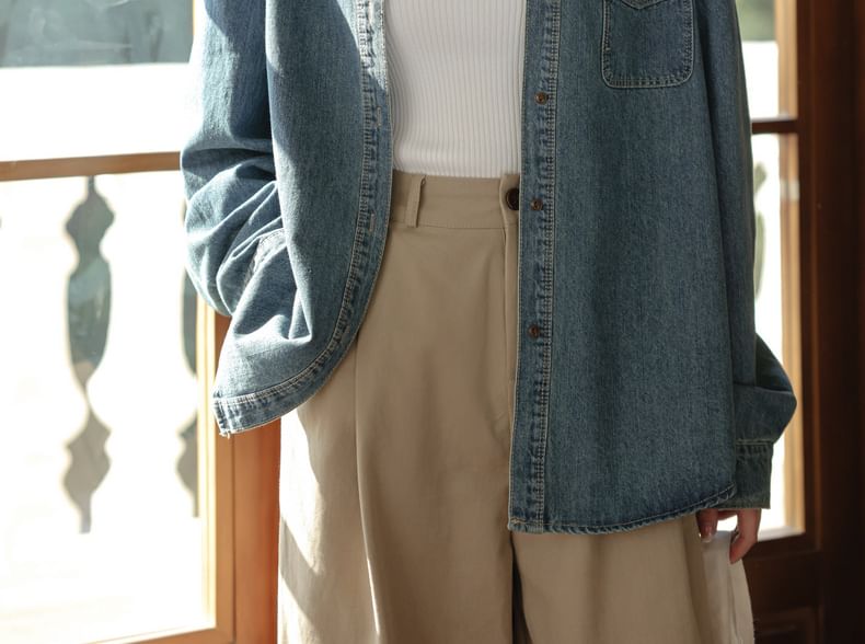 Washed Denim Shirt with Chest Pockets - Long Sleeve