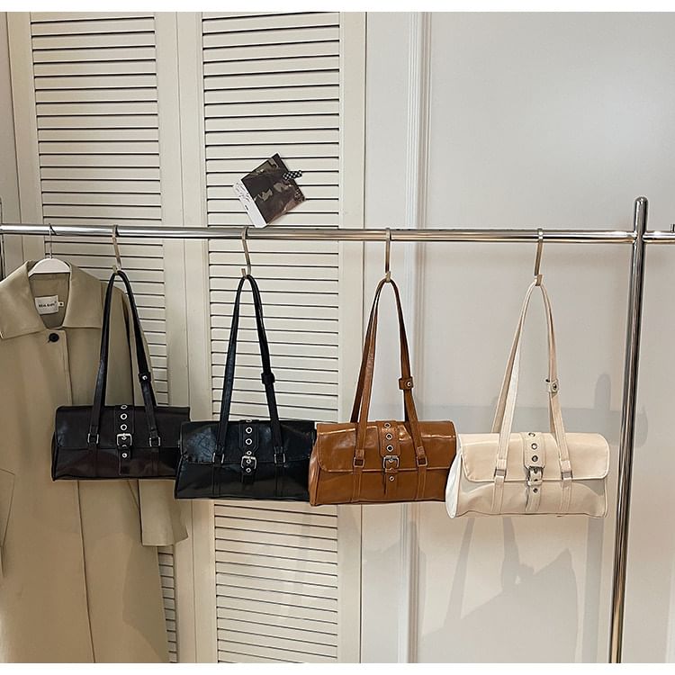 Faux Leather Buckled Flap Shoulder Bag