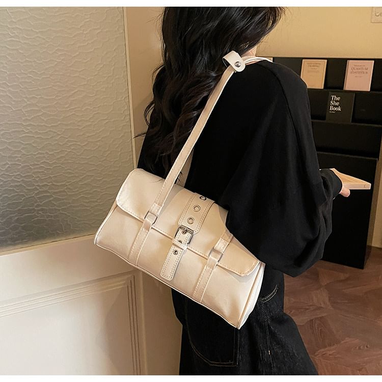 Faux Leather Buckled Flap Shoulder Bag