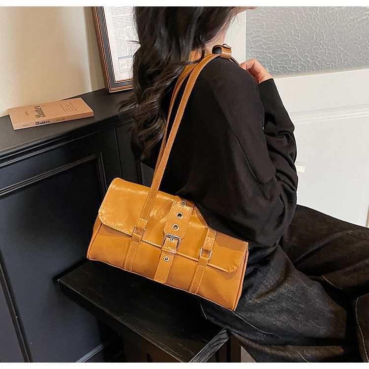Faux Leather Buckled Flap Shoulder Bag