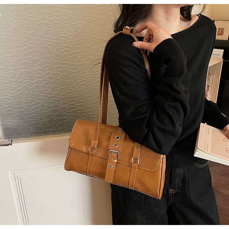Faux Leather Buckled Flap Shoulder Bag