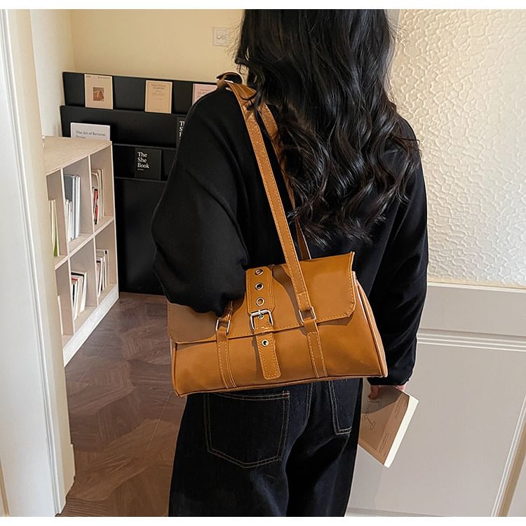 Faux Leather Buckled Flap Shoulder Bag