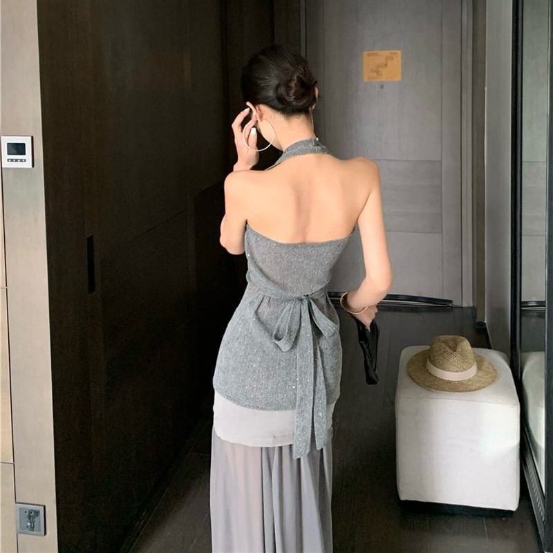 Black Halter Crop Top and High Waist Maxi Skirt Set