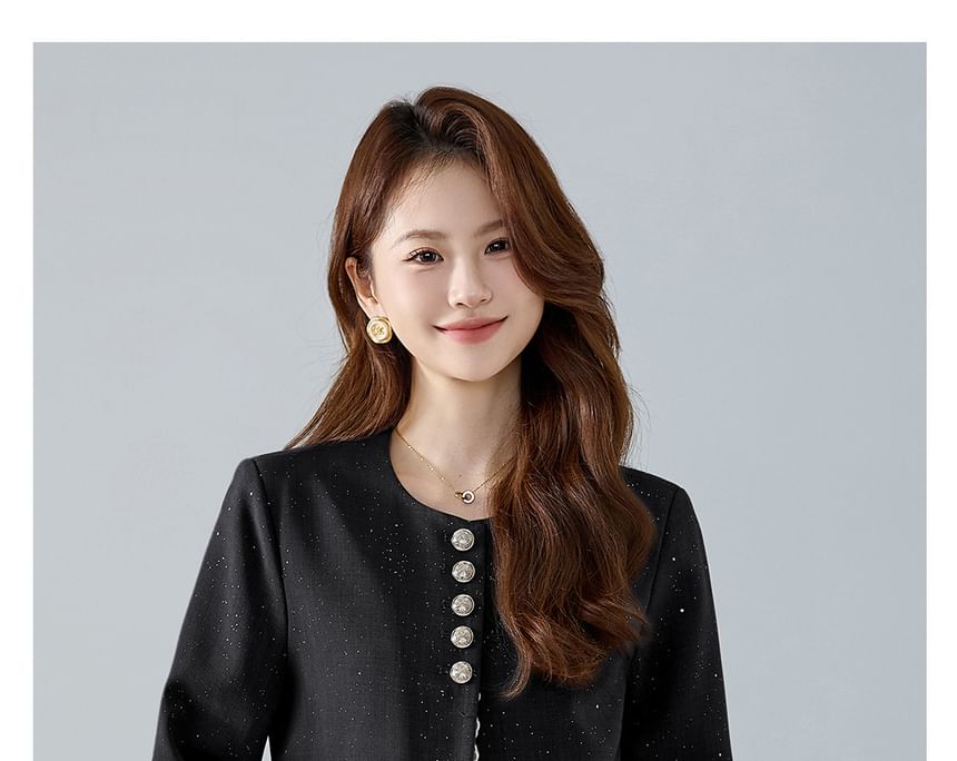 Lace Trim Glitter Button-Up Blazer and Pleated Mini A-Line Skirt Set