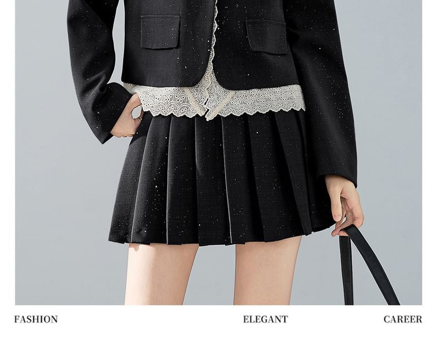 Lace Trim Glitter Button-Up Blazer and Pleated Mini A-Line Skirt Set