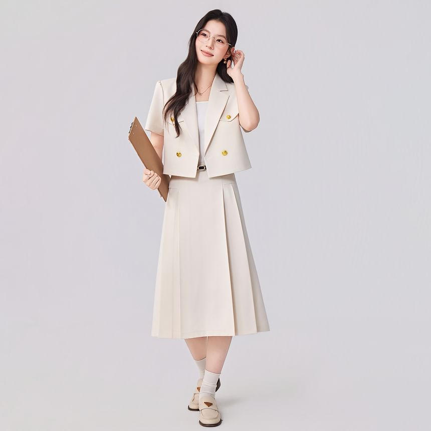 Short-Sleeve Double-Breasted Blazer and Pleated Midi A-Line Skirt Set