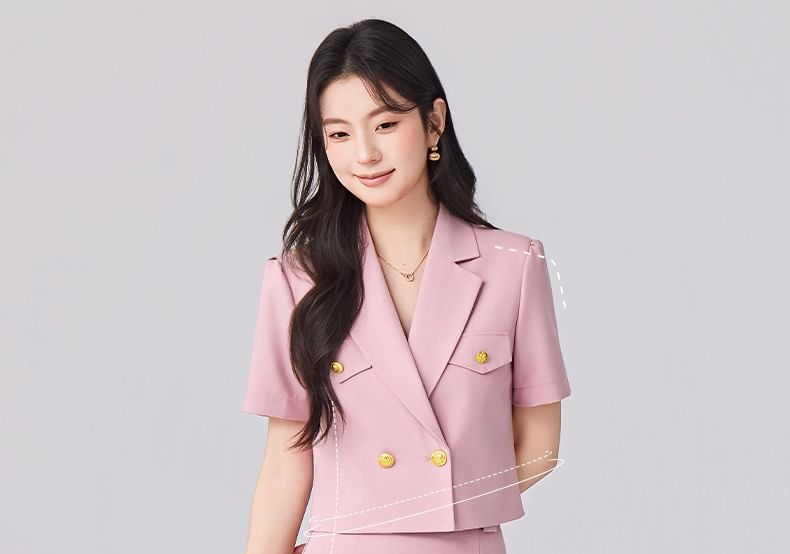 Short-Sleeve Double-Breasted Blazer and Pleated Midi A-Line Skirt Set