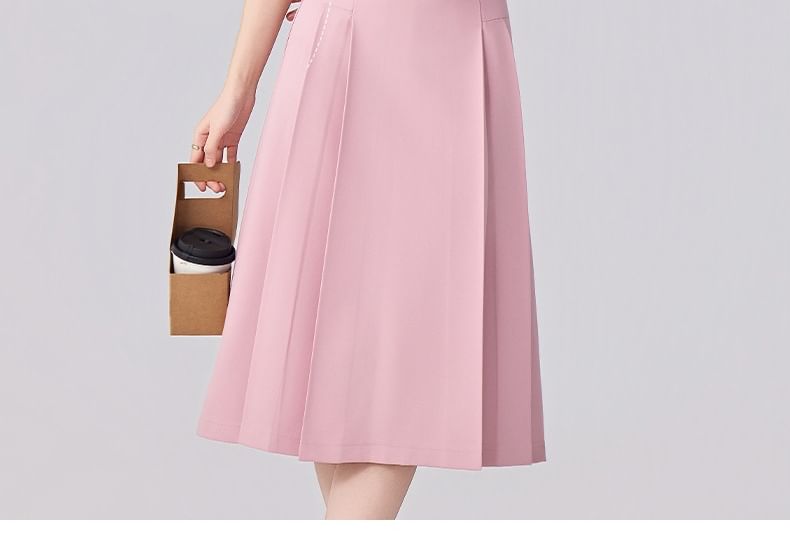 Short-Sleeve Double-Breasted Blazer and Pleated Midi A-Line Skirt Set
