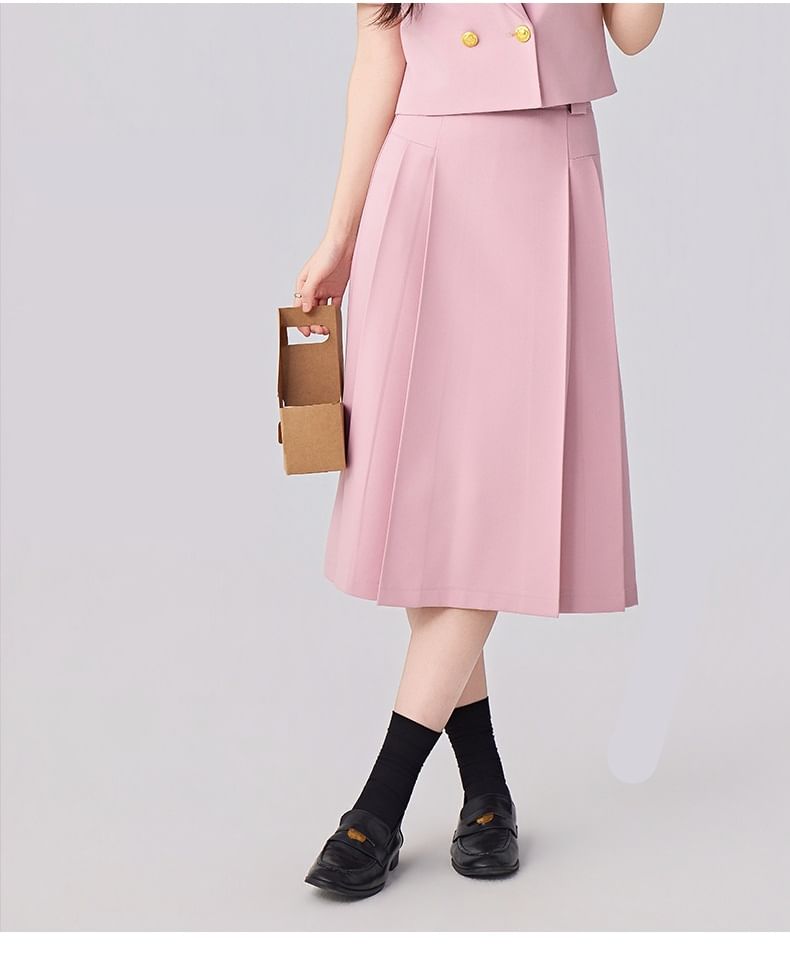 Short-Sleeve Double-Breasted Blazer and Pleated Midi A-Line Skirt Set