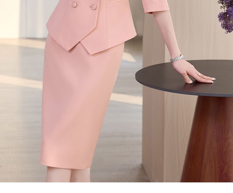 Elbow-Sleeve Double-Breasted Blazer and Midi Pencil Skirt Set
