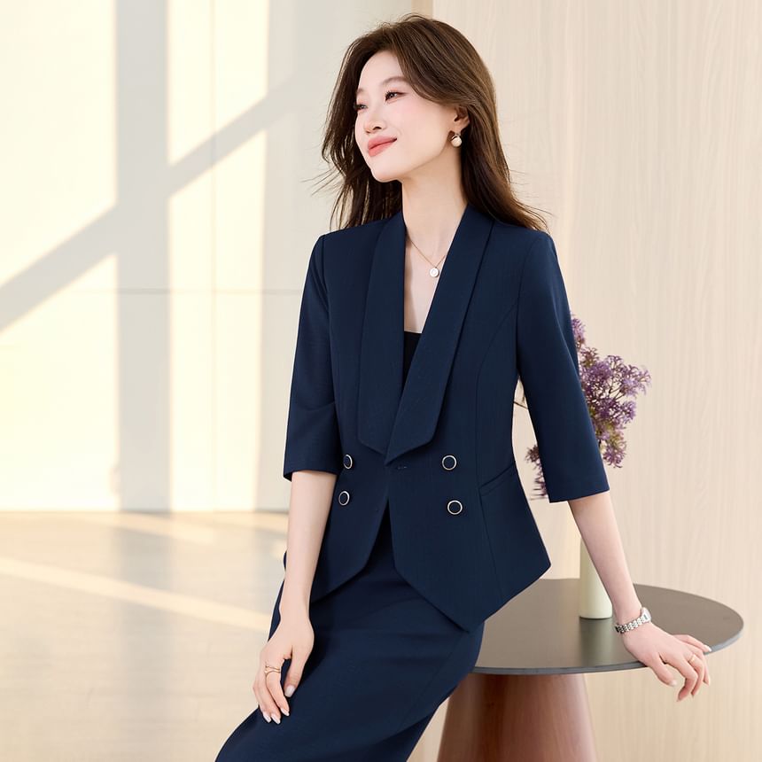 Elbow-Sleeve Double-Breasted Blazer and Midi Pencil Skirt Set