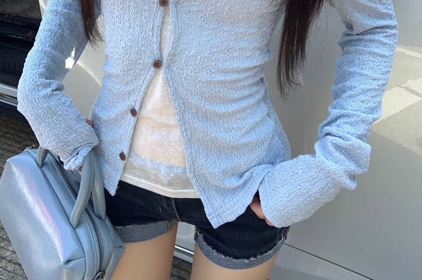 Off-Shoulder Button-Up Top with Long Sleeves and Two-Tone Design