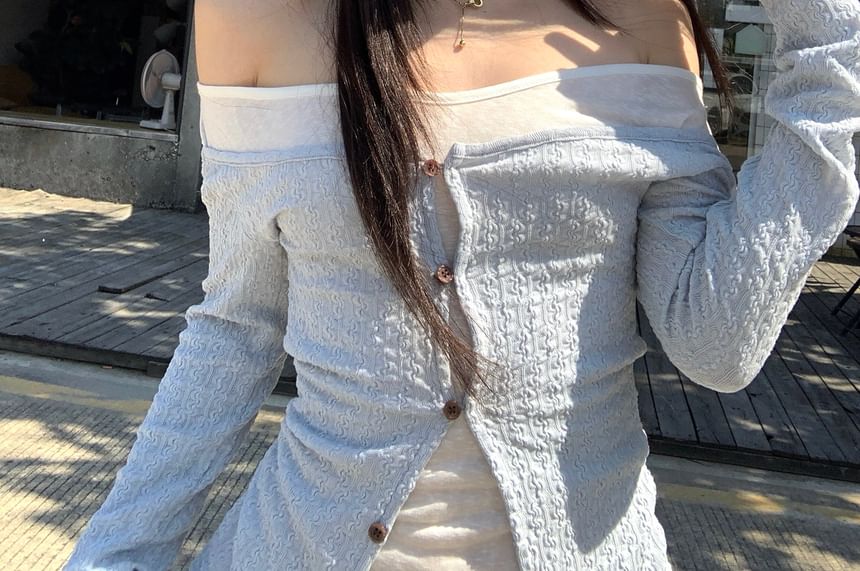 Off-Shoulder Button-Up Top with Long Sleeves and Two-Tone Design