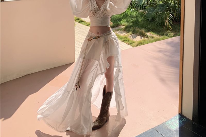 Puff-Sleeve Blouse with V-Neck and Maxi A-Line Skirt
