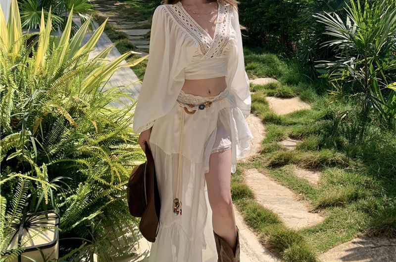 Puff-Sleeve Blouse with V-Neck and Maxi A-Line Skirt
