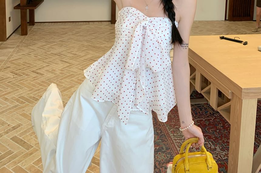 Flowy Bow-Adorned Tube Top with Polka Dots