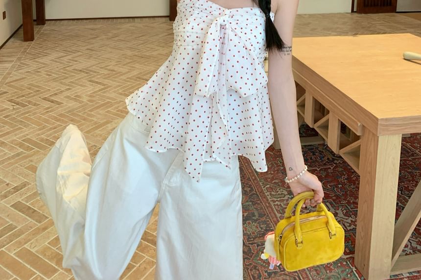 Flowy Bow-Adorned Tube Top with Polka Dots