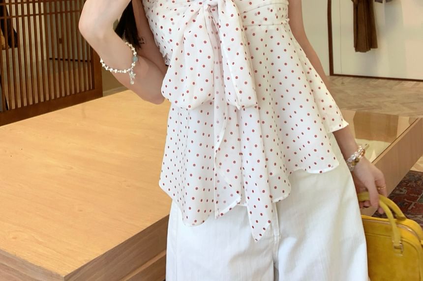 Flowy Bow-Adorned Tube Top with Polka Dots