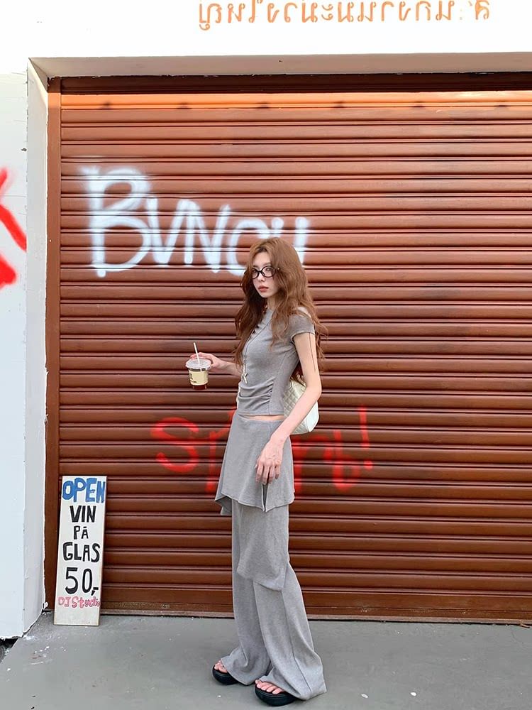 Ruched Crew Neck Tee with High-Waist Flared Pants