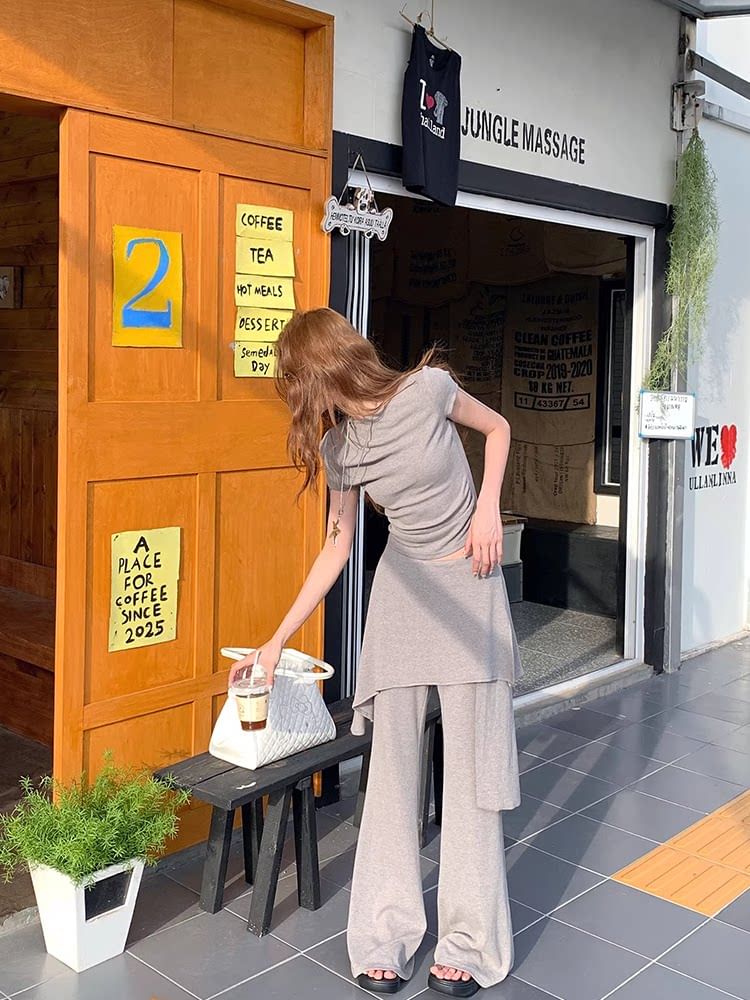 Ruched Crew Neck Tee with High-Waist Flared Pants