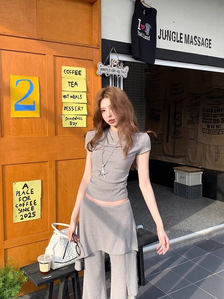 Ruched Crew Neck Tee with High-Waist Flared Pants
