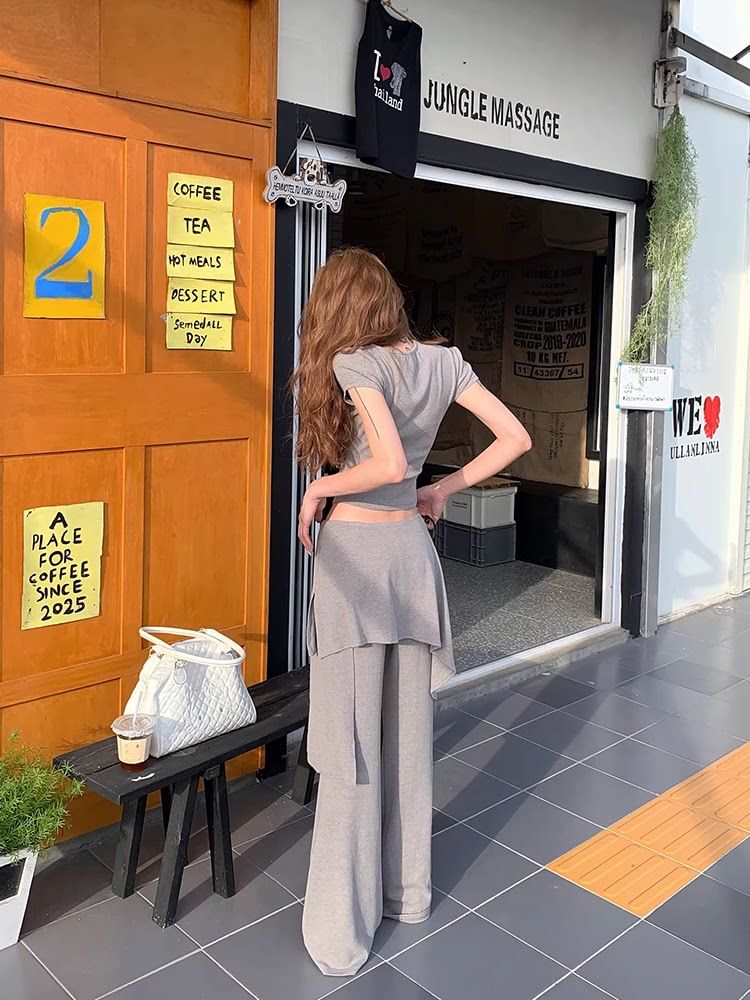 Ruched Crew Neck Tee with High-Waist Flared Pants