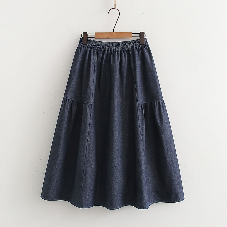 High Waist Denim Midi A-Line Skirt