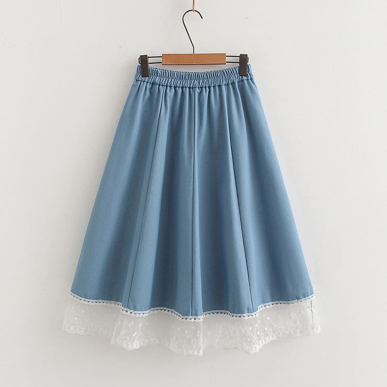 Elastic Waist Lace Panel Denim Maxi A-Line Skirt