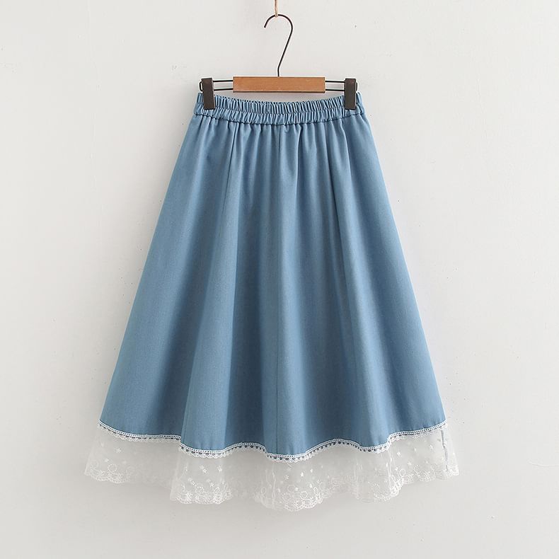 Elastic Waist Lace Panel Denim Maxi A-Line Skirt