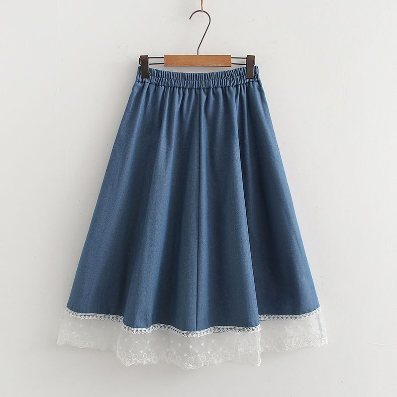 Elastic Waist Lace Panel Denim Maxi A-Line Skirt