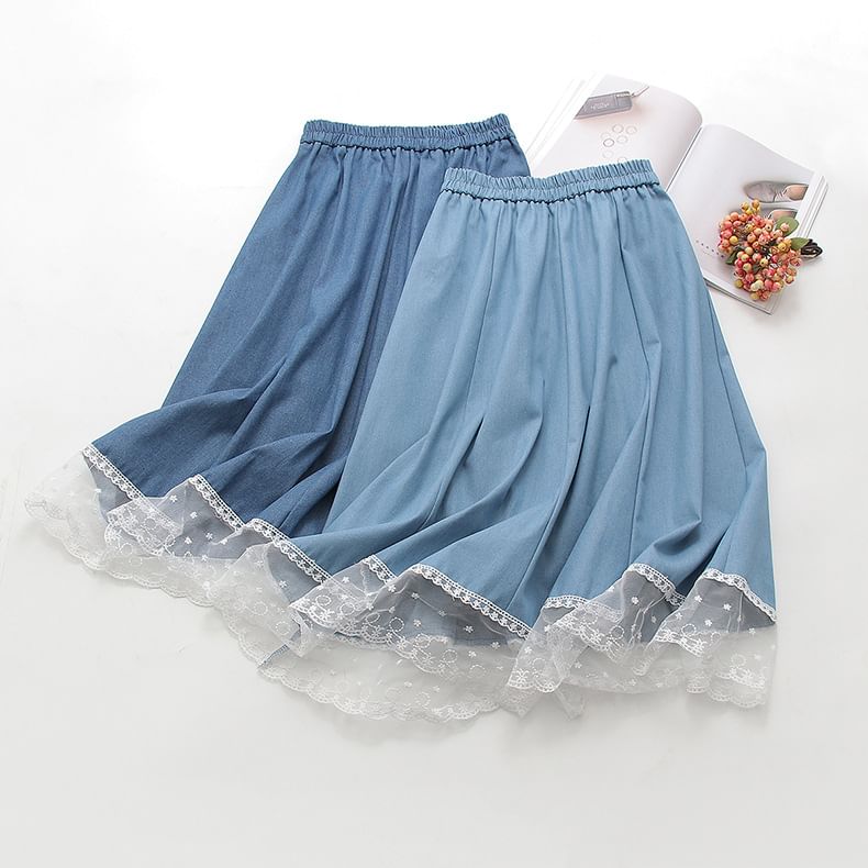 Elastic Waist Lace Panel Denim Maxi A-Line Skirt