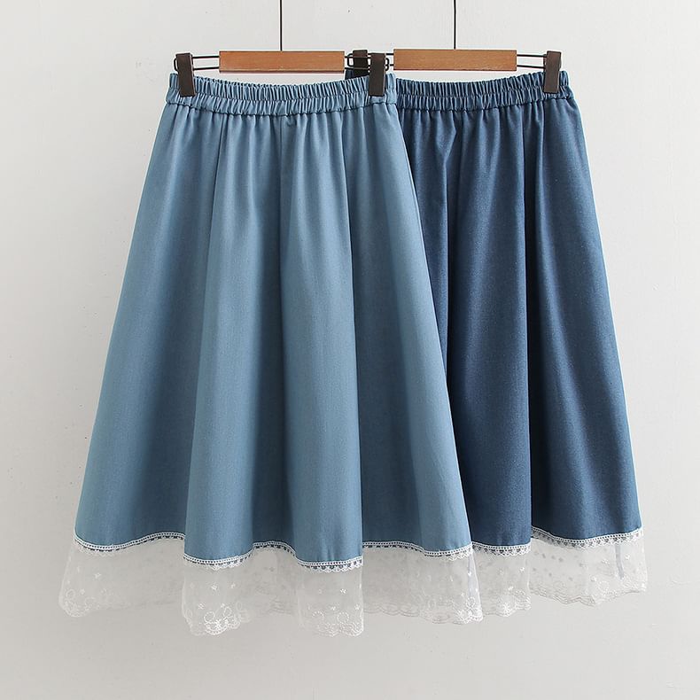 Elastic Waist Lace Panel Denim Maxi A-Line Skirt
