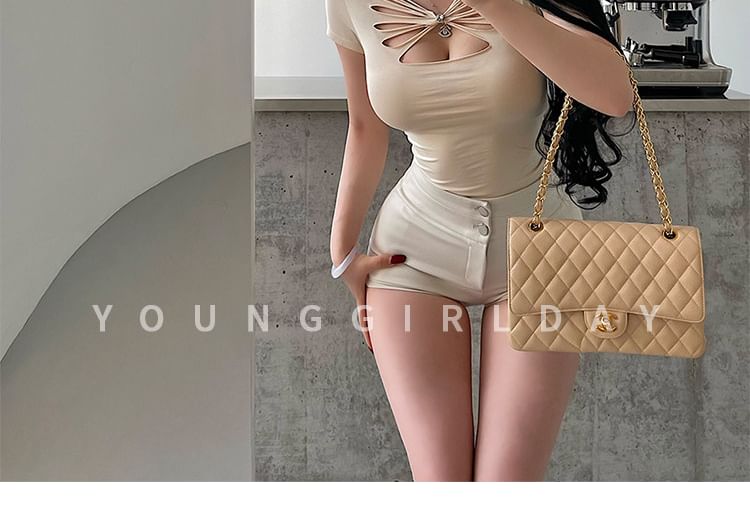 V-Neck Rhinestone Cutout Top - Short Sleeve