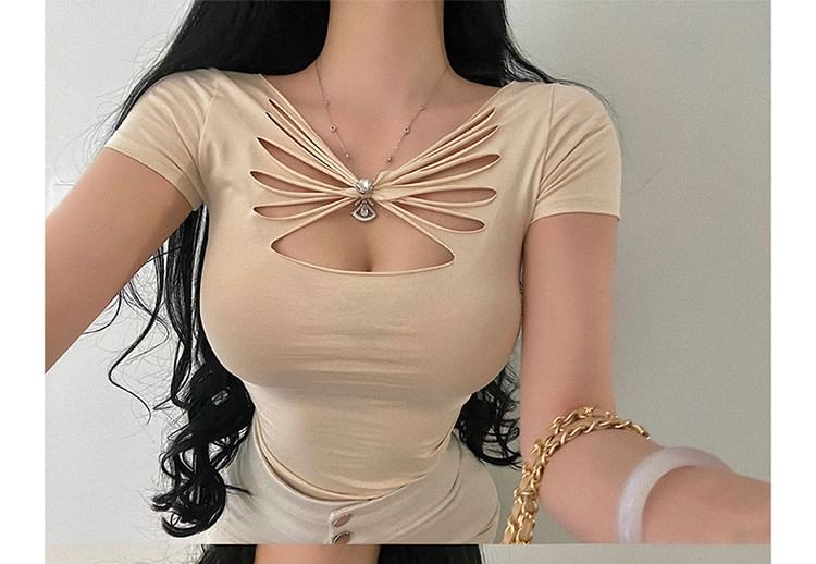 V-Neck Rhinestone Cutout Top - Short Sleeve