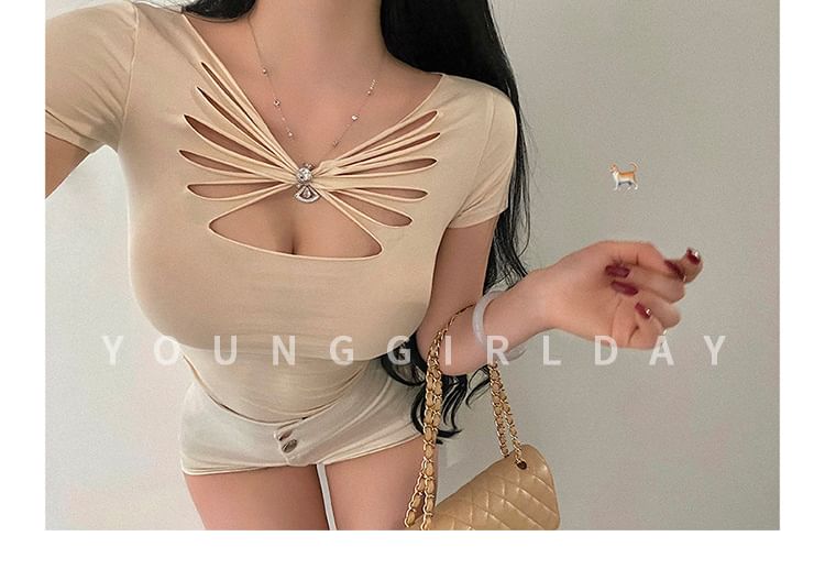 V-Neck Rhinestone Cutout Top - Short Sleeve