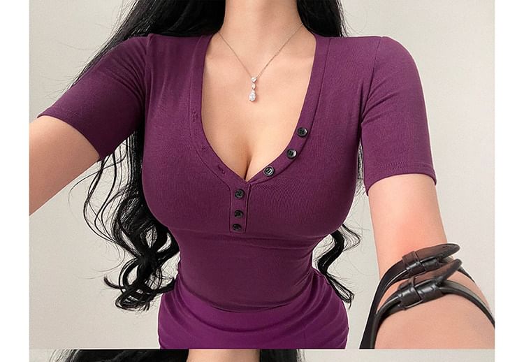 V-Neck Button Front Top - Short Sleeve