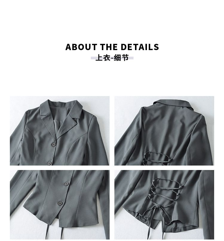 Notch Lapel Lace Up Blazer and High Waist Slit Pencil Skirt Set