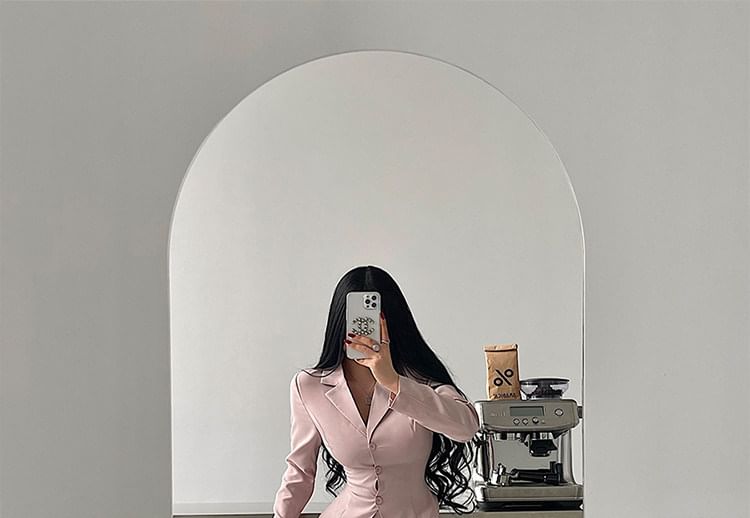 Notch Lapel Lace Up Blazer and High Waist Slit Pencil Skirt Set